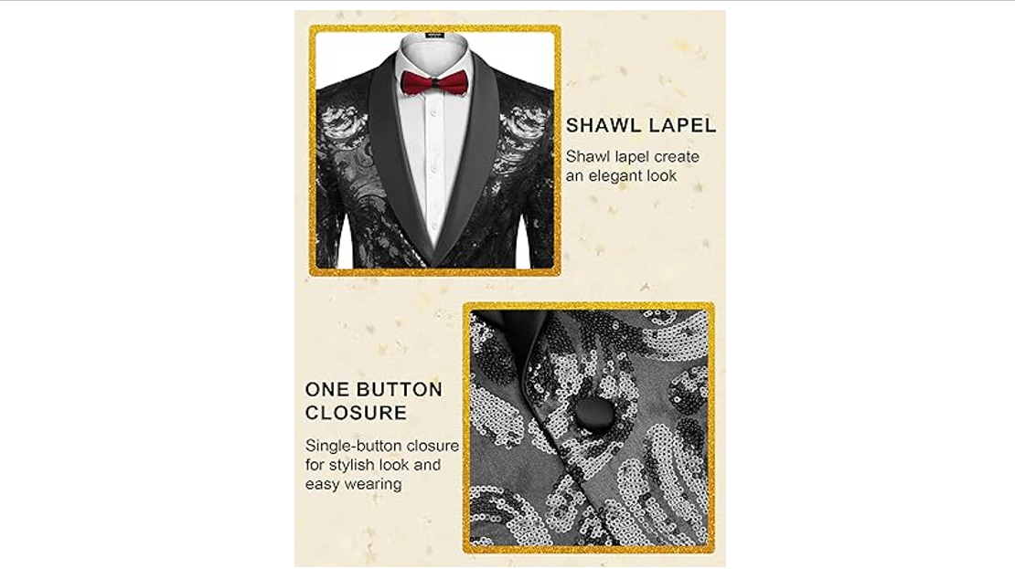 COOFANDY Men Shiny Sequins Blazer Floral Suit Jacket Stylish Tuxedo, Black, 3XL