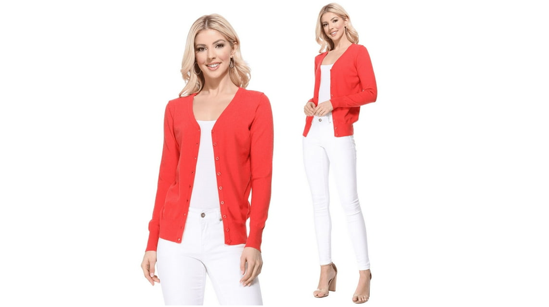 YEMAK Women's Long Sleeve V-Neck Button Down Soft Knit Cardigan Sweater, White S