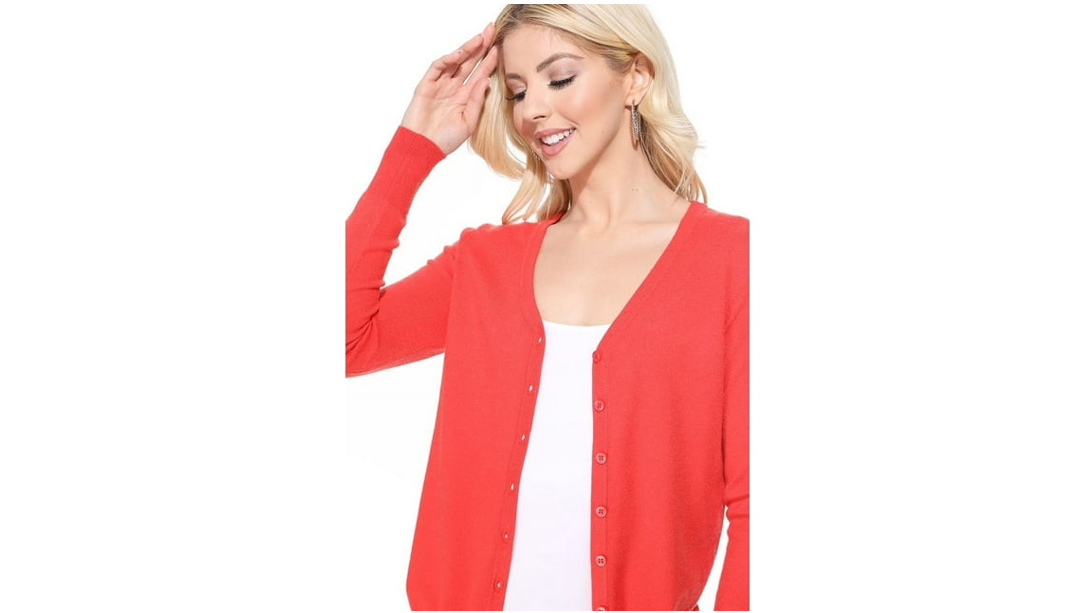 YEMAK Women's Long Sleeve V-Neck Button Down Soft Knit Cardigan Sweater, White S