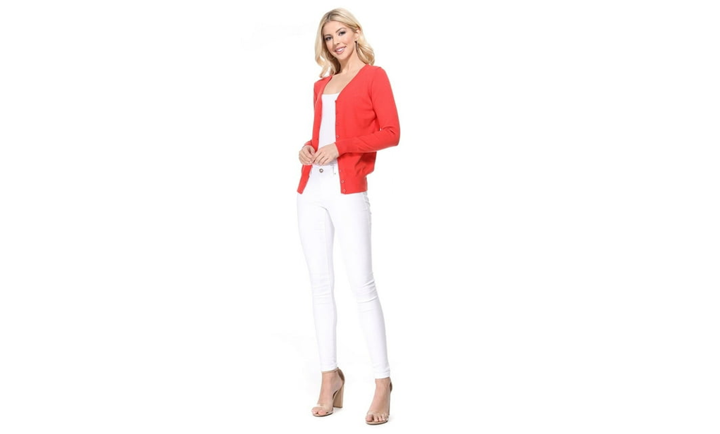 YEMAK Women's Long Sleeve V-Neck Button Down Soft Knit Cardigan Sweater, White S
