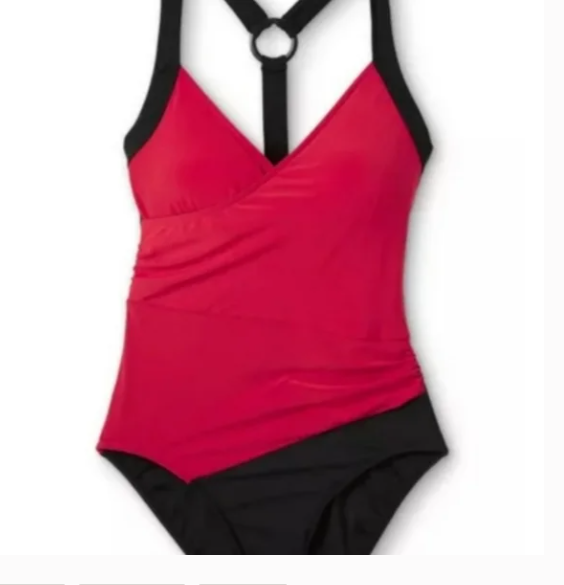 Aqua Green Women's Draped-Front Colorblock One Piece Swimsuit Lipstick M(8/10),L