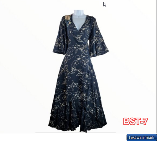 Tribal Midi Navy Floral Flared Sleeve Dress Size M