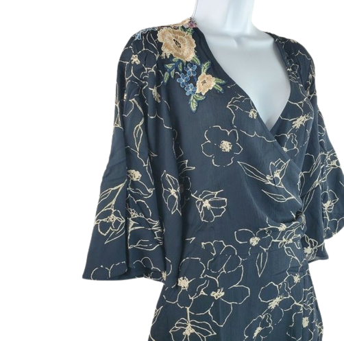 Tribal Midi Navy Floral Flared Sleeve Dress Size M