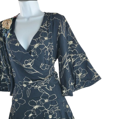 Tribal Midi Navy Floral Flared Sleeve Dress Size M