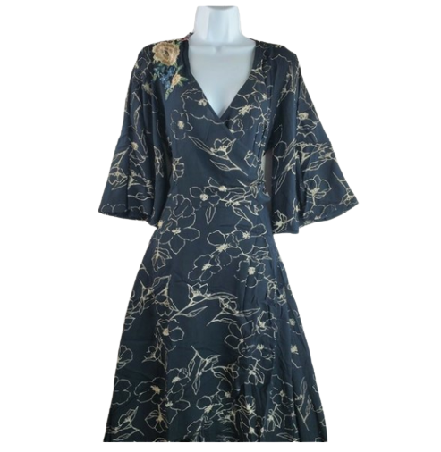 Tribal Midi Navy Floral Flared Sleeve Dress Size M