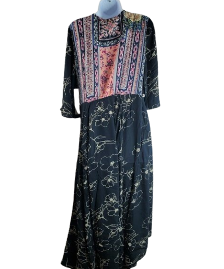 Tribal Midi Navy Floral Flared Sleeve Dress Size M