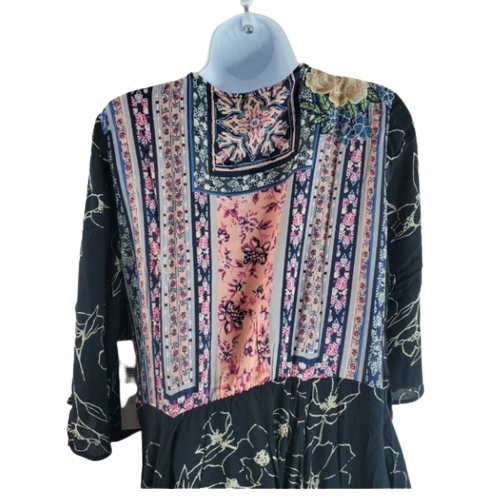 Tribal Midi Navy Floral Flared Sleeve Dress Size M