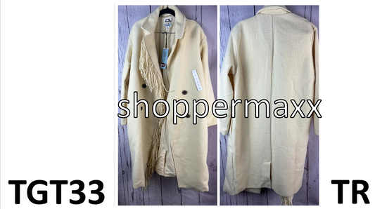 Women's Notched Lapel Double Breasted Fringe Coat - Future Collective, Cream, M