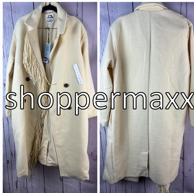 Women's Notched Lapel Double Breasted Fringe Coat - Future Collective, Cream, M