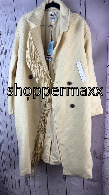 Women's Notched Lapel Double Breasted Fringe Coat - Future Collective, Cream, M