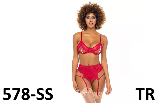 Women' Oh La La Cheri Alyssa Lace & Pearls Bra, Panty & Garter Belt Lingerie Set