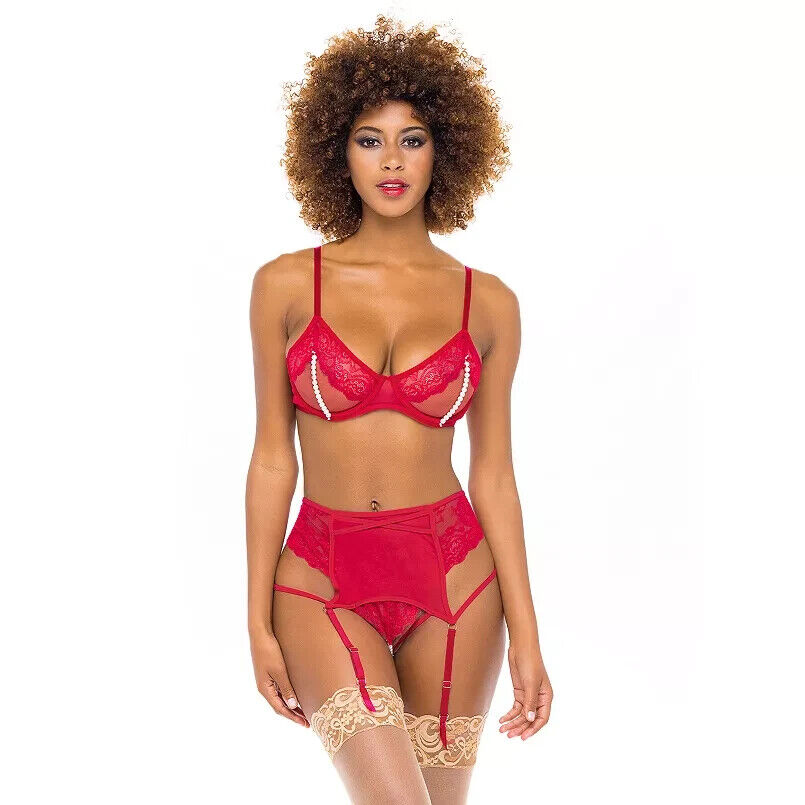 Women' Oh La La Cheri Alyssa Lace & Pearls Bra, Panty & Garter Belt Lingerie Set