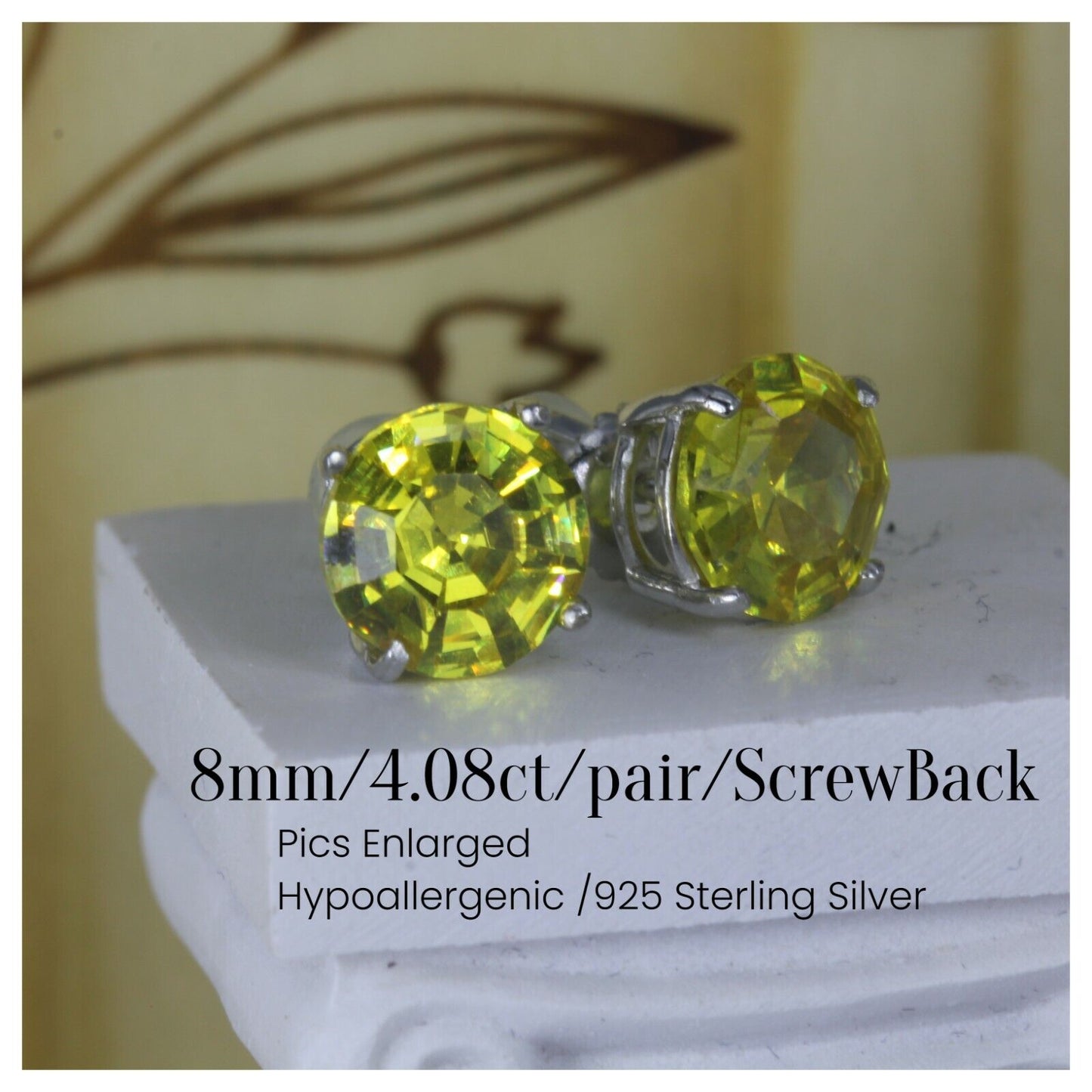 4.08CT Canary Yellow Asscher Round Platinum Finish 925 Stud Screw Back Earrings