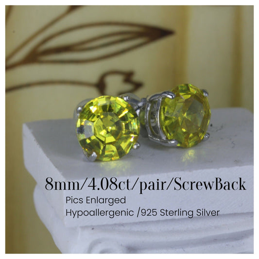 4.08CT Canary Yellow Asscher Round Platinum Finish 925 Stud Screw Back Earrings