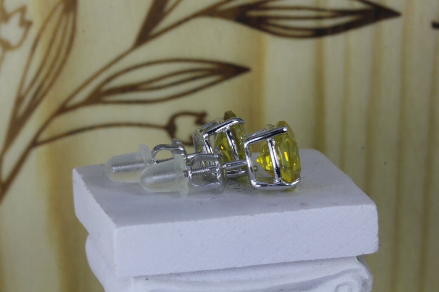 4.08CT Canary Yellow Asscher Round Platinum Finish 925 Stud Screw Back Earrings