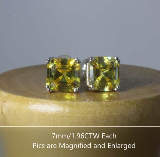 Canary Yellow 1.96CT Asscher Cut Platinum fin Silver CZ Screw back Stud Earrings