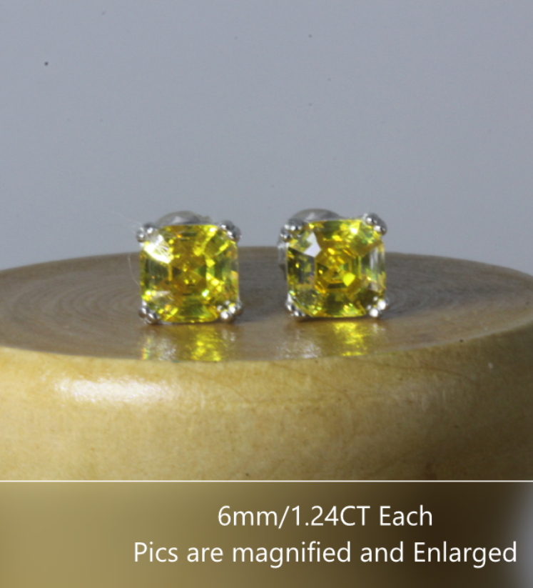 Canary Yellow 1.2CT Asscher Cut Platinum fin Silver CZ Screw back Stud Earrings