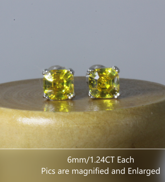 Canary Yellow 1.2CT Asscher Cut Platinum fin Silver CZ Screw back Stud Earrings