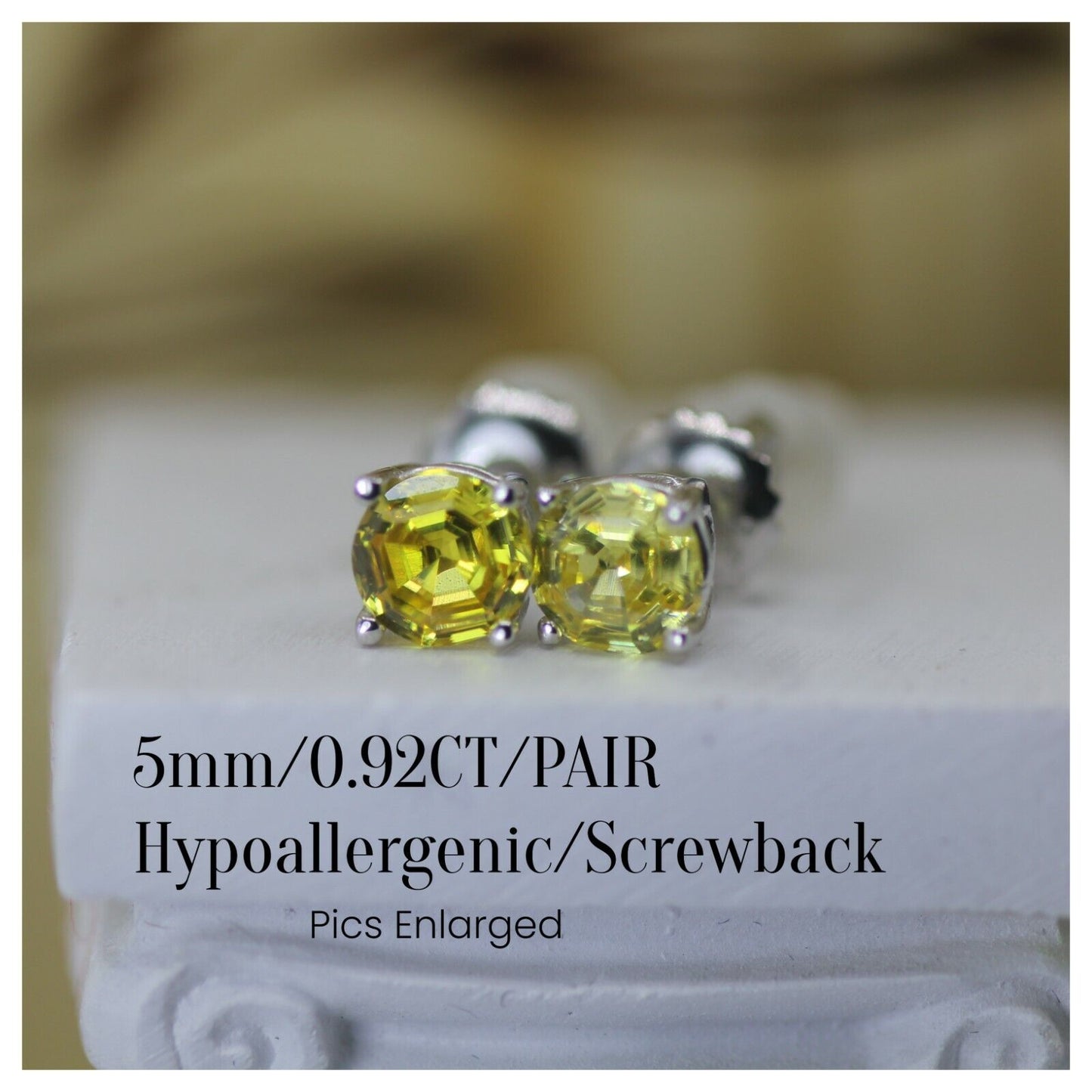 0.92CT Canary Yellow Asscher Round Platinum Finish 925 Stud Screw Back Earrings