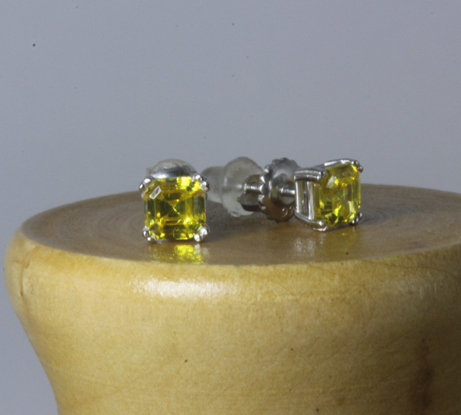 Canary Yellow 0.71CT Asscher Cut Platinum fin Silver CZ Screw back Stud Earrings