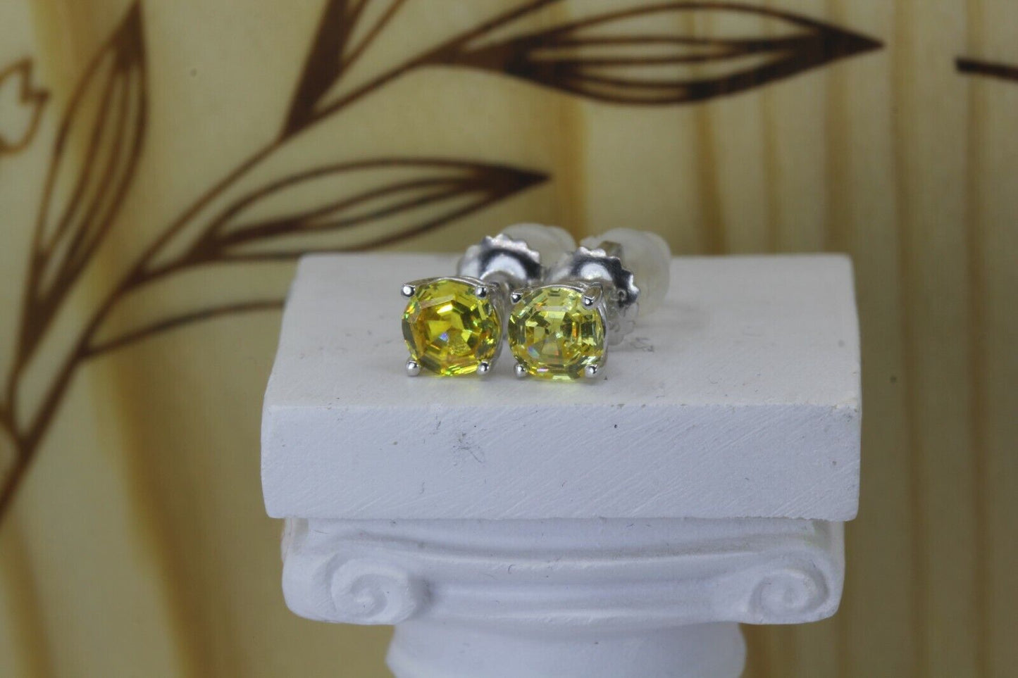 0.92CT Canary Yellow Asscher Round Platinum Finish 925 Stud Screw Back Earrings