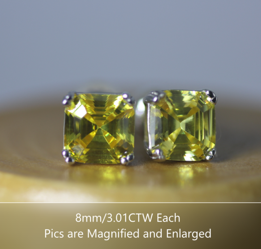 Canary Yellow 3.01CT Asscher Cut Platinum fin Silver CZ Screw back Stud Earrings