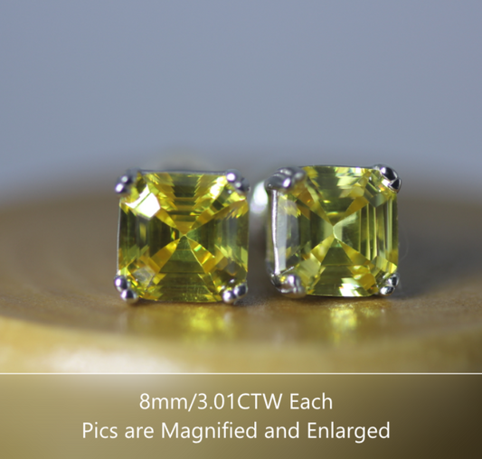 Canary Yellow 3.01CT Asscher Cut Platinum fin Silver CZ Screw back Stud Earrings