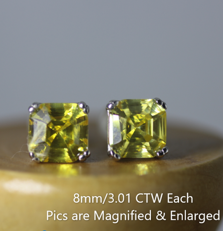 Canary Yellow 3.01CT Asscher Cut Platinum fin Silver CZ Screw back Stud Earrings