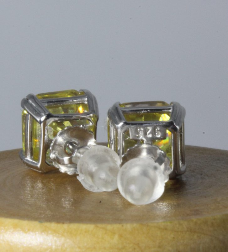 Canary Yellow 3.01CT Asscher Cut Platinum fin Silver CZ Screw back Stud Earrings