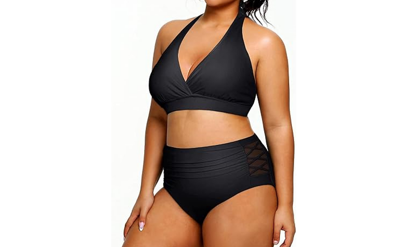 Yonique Women Two Piece Plus Size Halter Bikini Swimsuit Tummy Control Suit, 24w