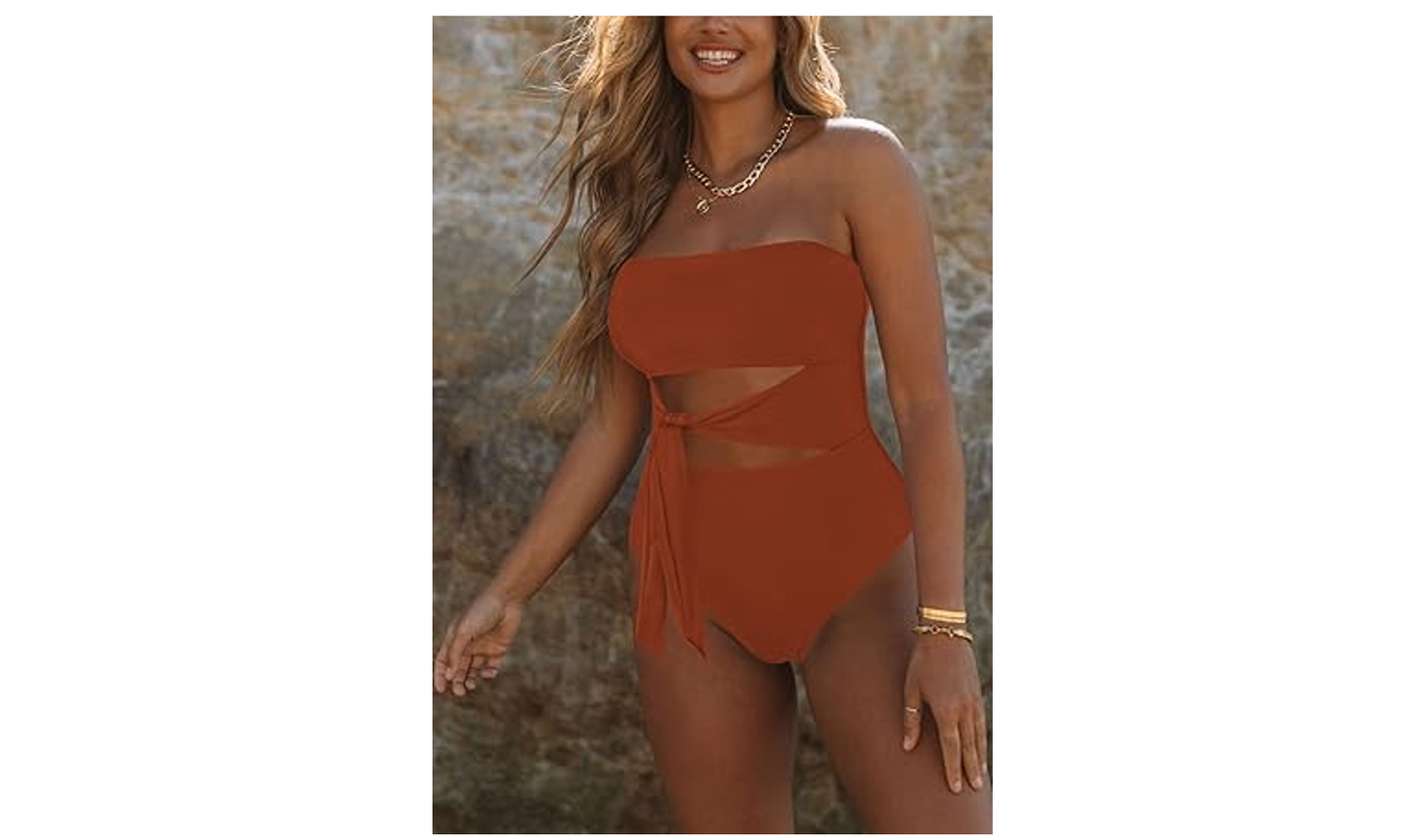 Viottiset Women's Bandeau 1 Piece Swimsuit Strapless Tie High Cut Out Bathing, M