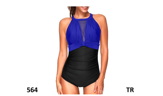 Tempt Me Women One Piece Swimsuits Blue Black Plunge V-Neck Mesh Ruch Swimwear M
