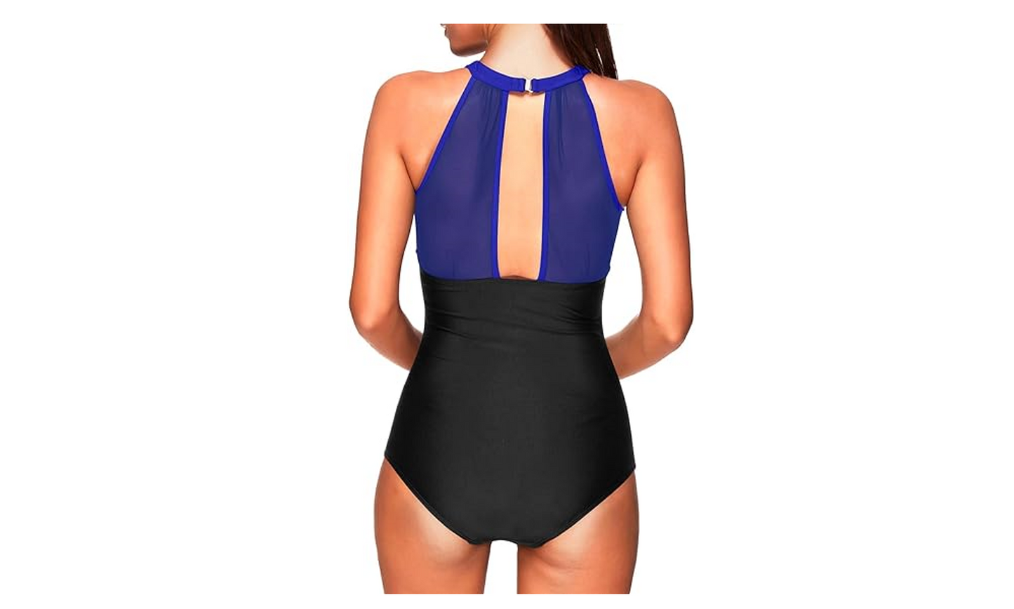 Tempt Me Women One Piece Swimsuits Blue Black Plunge V-Neck Mesh Ruch Swimwear M