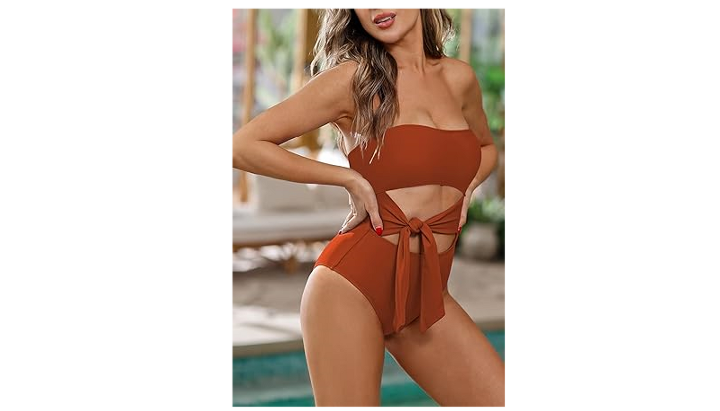 Viottiset Women's Bandeau 1 Piece Swimsuit Strapless Tie High Cut Out Bathing, M