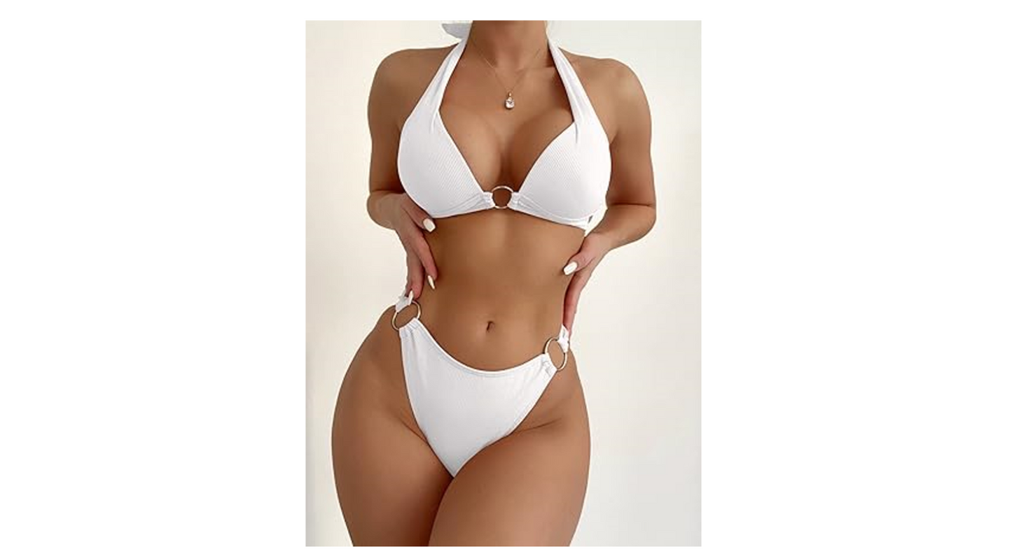 SweatyRocks Women Ring Linked Halter PushUp Bikini Swimsuit High Stretch Suit, S