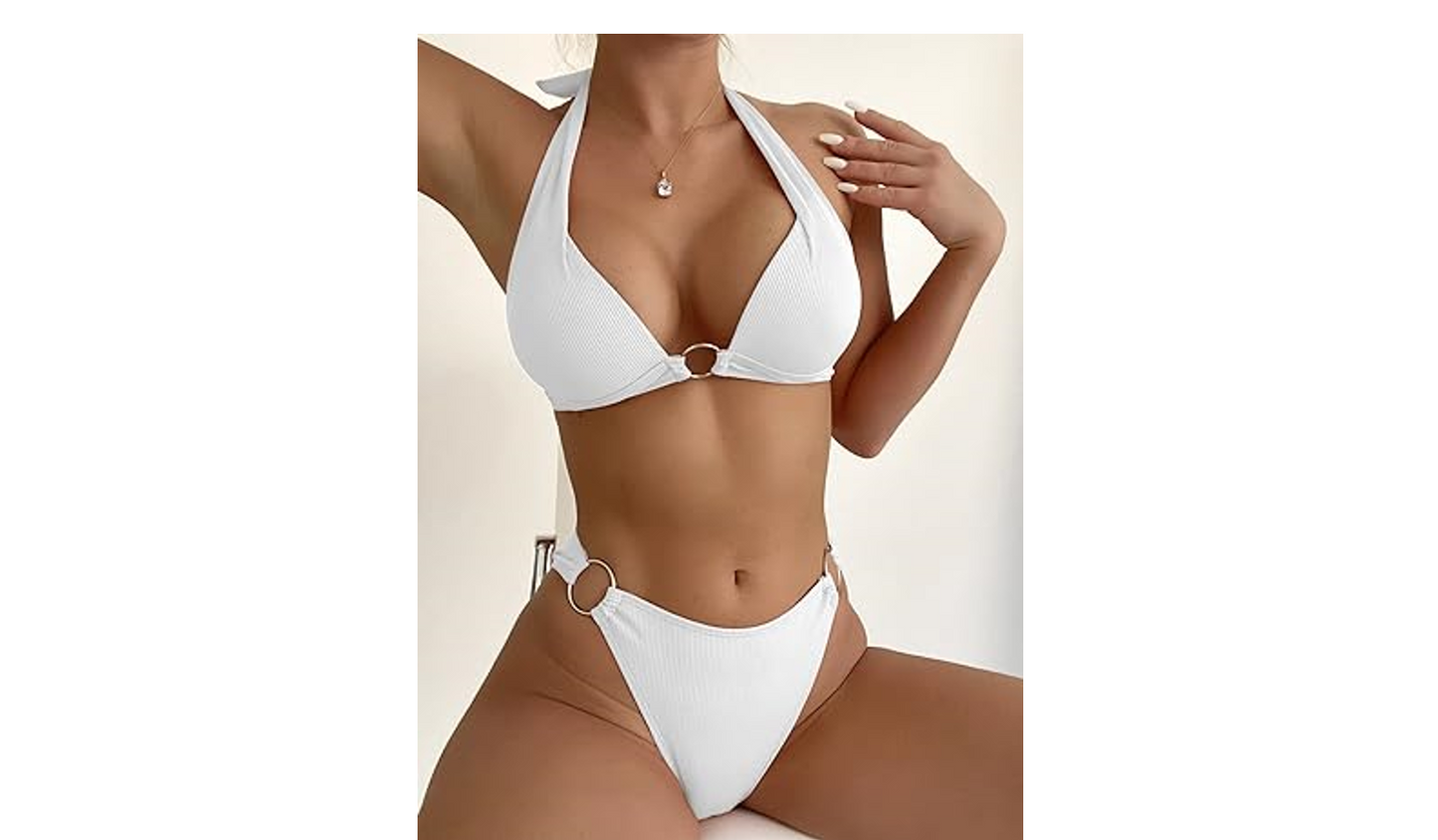 SweatyRocks Women Ring Linked Halter PushUp Bikini Swimsuit High Stretch Suit, S