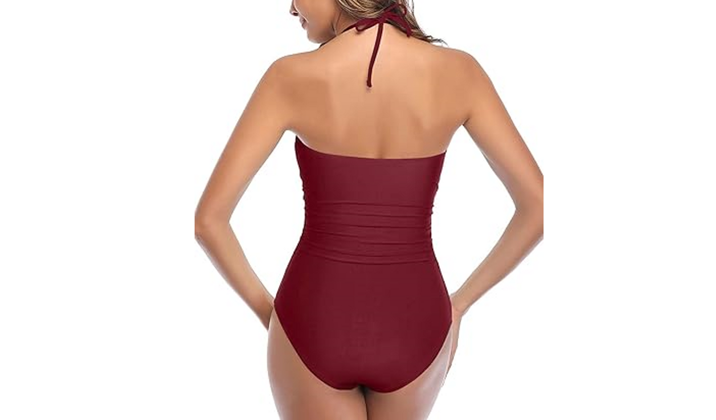 Tempt Me Women Wine Red Sexy Cutout 1 Piece Swimsuit Tummy Control High Waist, m