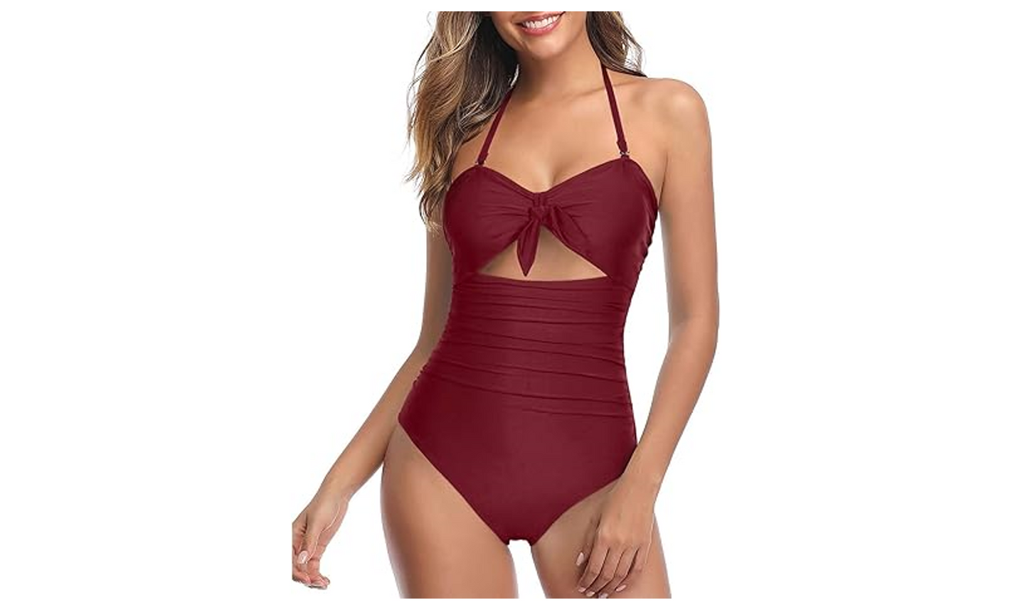 Tempt Me Women Wine Red Sexy Cutout 1 Piece Swimsuit Tummy Control High Waist, m