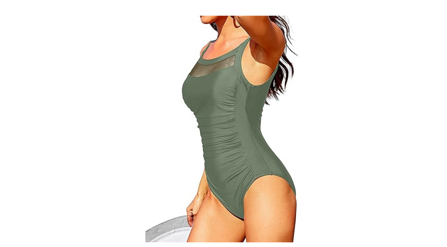 Tempt Me Women One Piece Mesh Swimsuits Tummy Control Swimwear Olive Green Large