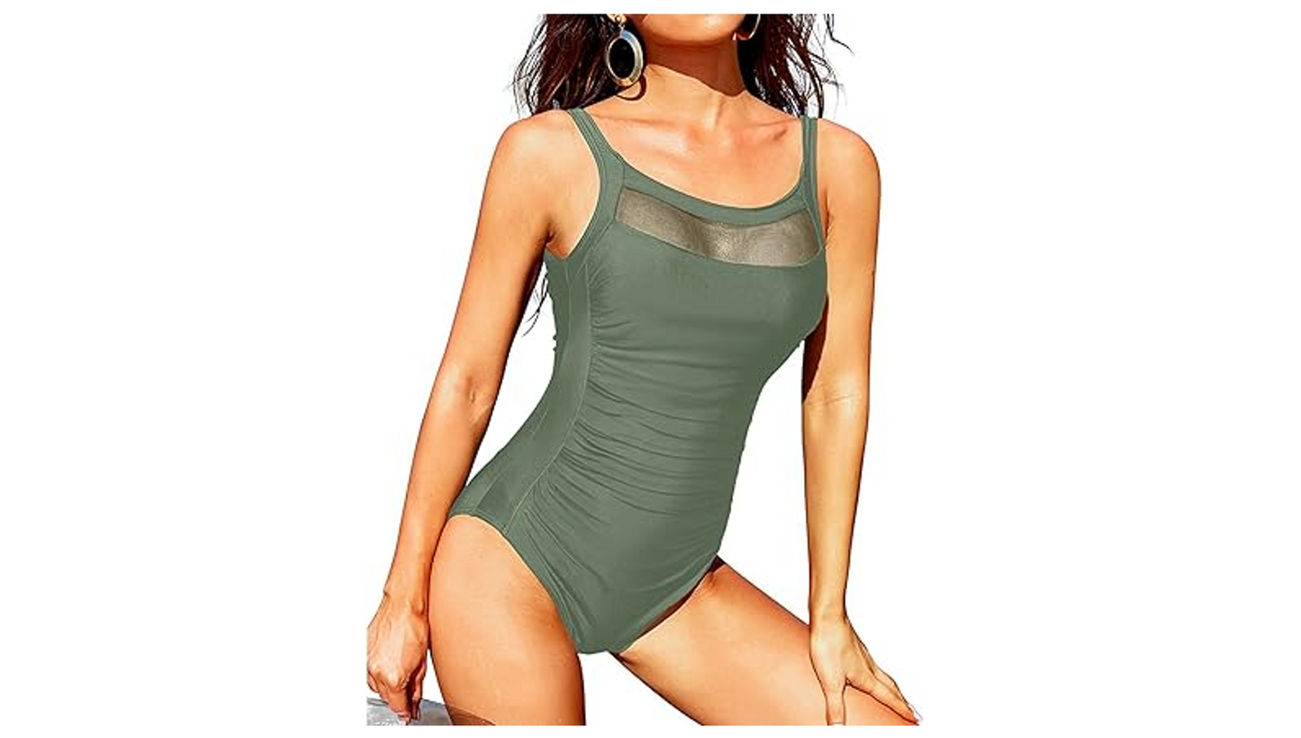 Tempt Me Women One Piece Mesh Swimsuits Tummy Control Swimwear Olive Green Large