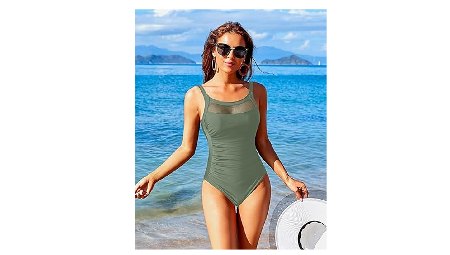 Tempt Me Women One Piece Mesh Swimsuits Tummy Control Swimwear Olive Green Large