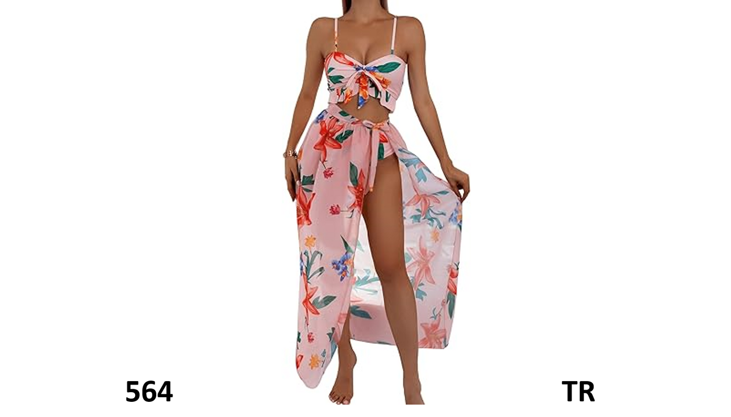 SweatyRocks Women's 3 Pieces Beach Swimsuit Tropical Ruffle Halter Bikini, Large