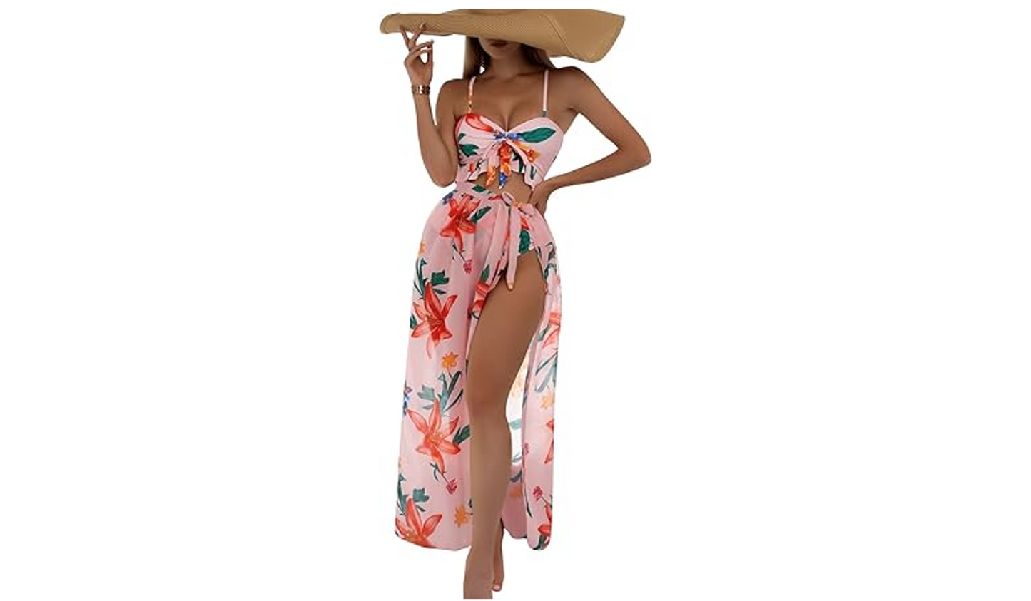 SweatyRocks Women's 3 Pieces Beach Swimsuit Tropical Ruffle Halter Bikini, Large