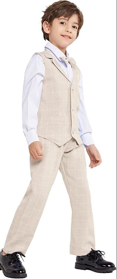 Boys Vest Suits 4PC Wedding Ring Bearer Outfit Wasitcoat Shirt Pants Bow Tie 6-7