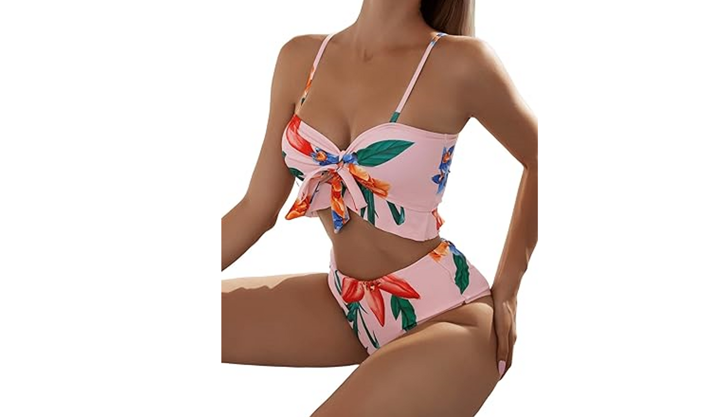 SweatyRocks Women's 3 Pieces Beach Swimsuit Tropical Ruffle Halter Bikini, Large