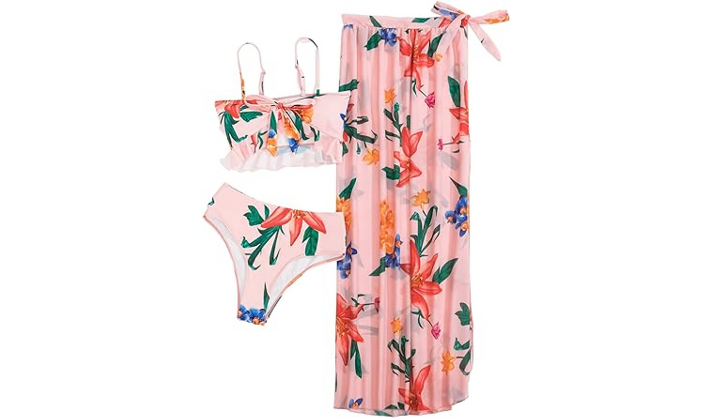 SweatyRocks Women's 3 Pieces Beach Swimsuit Tropical Ruffle Halter Bikini, Large
