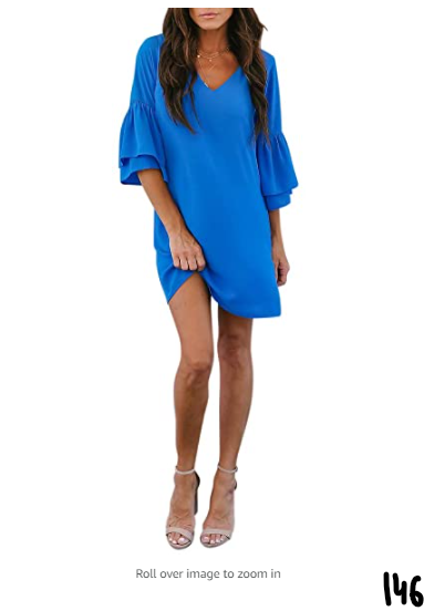 BELONGSCI Women's Dress Sweet Cute V-Neck Bell Sleeve Shift Dress Mini Dress XS