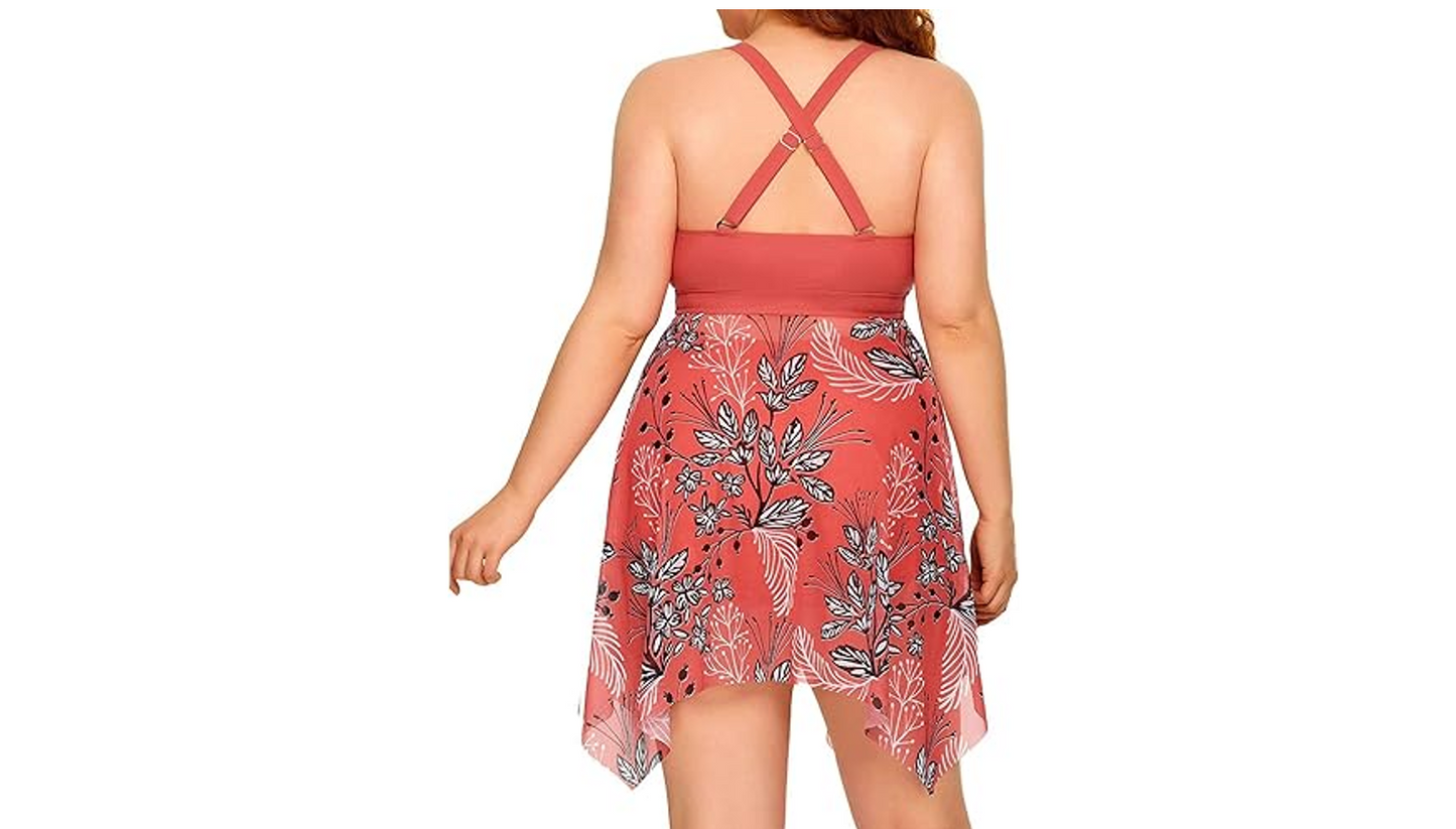Daci Pink Plus Size Swim Dress with Boyshorts for Women Mesh Tankini Swimsuit,XL