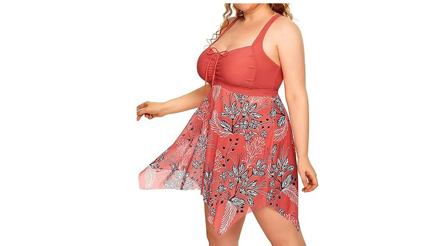 Daci Pink Plus Size Swim Dress with Boyshorts for Women Mesh Tankini Swimsuit,XL
