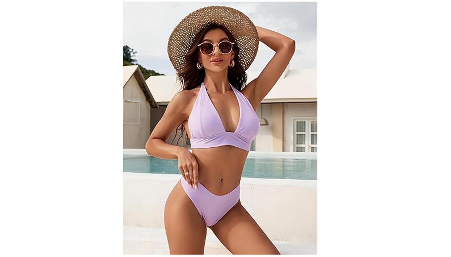 Blooming Jelly Womens High Cut Bikini Sets Halter Cheeky Swimsuit Deep V Neck, M